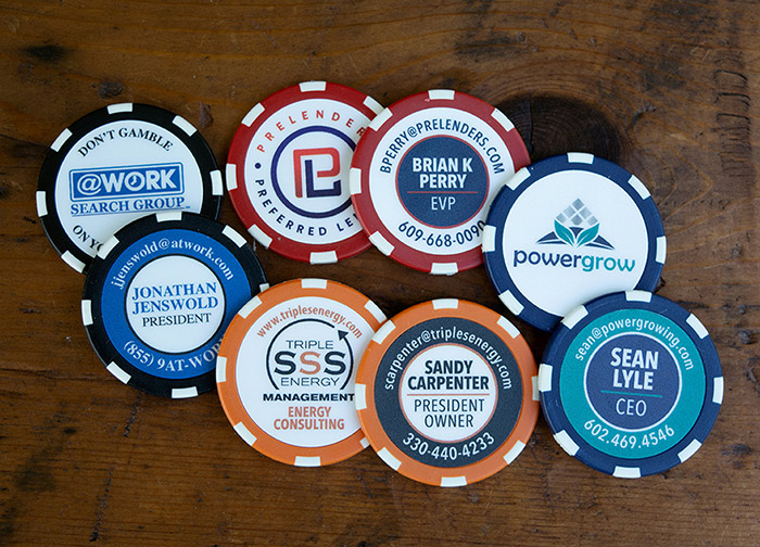 front and back views of custom poker chip business cards for Triple SSS Energy, PowerGrow, and Prelenders Preferred Lending