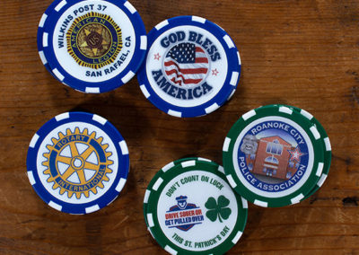 American Legion, Rotary International, and Roanoke City Police Association custom logo poker chip stacks