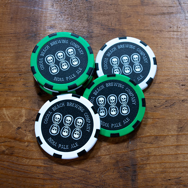 Black and white logos for Cocoa Beach Brewing Company or bright lime green and white custom poker chips