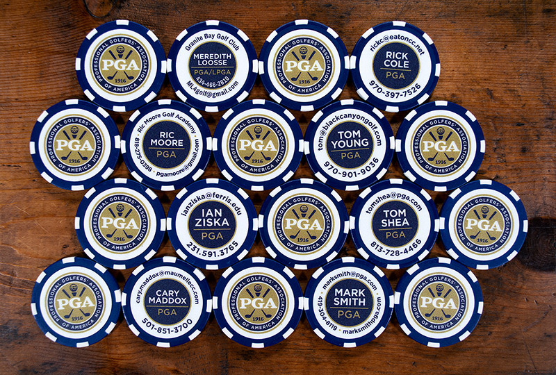 navy custom poker chip business cards for PGA Professionals from all over the U.S.