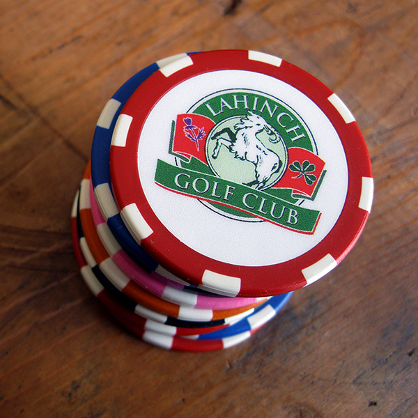 Red poker chip ball marker for Lahinch Golf Club