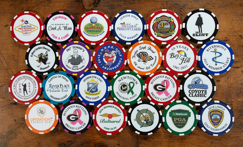 assortment of golf tournament custom poker chips from around the U.S.