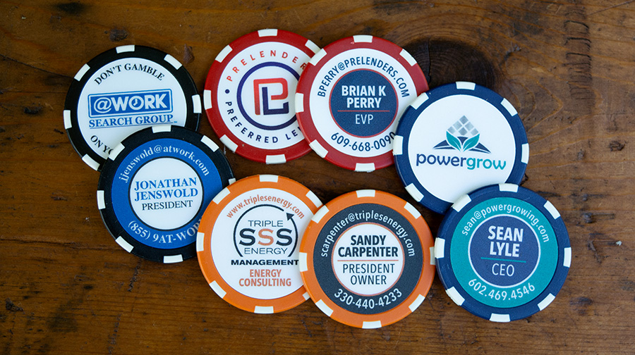 a collection of Custom Poker Chip Business Cards for a variety of businesses
